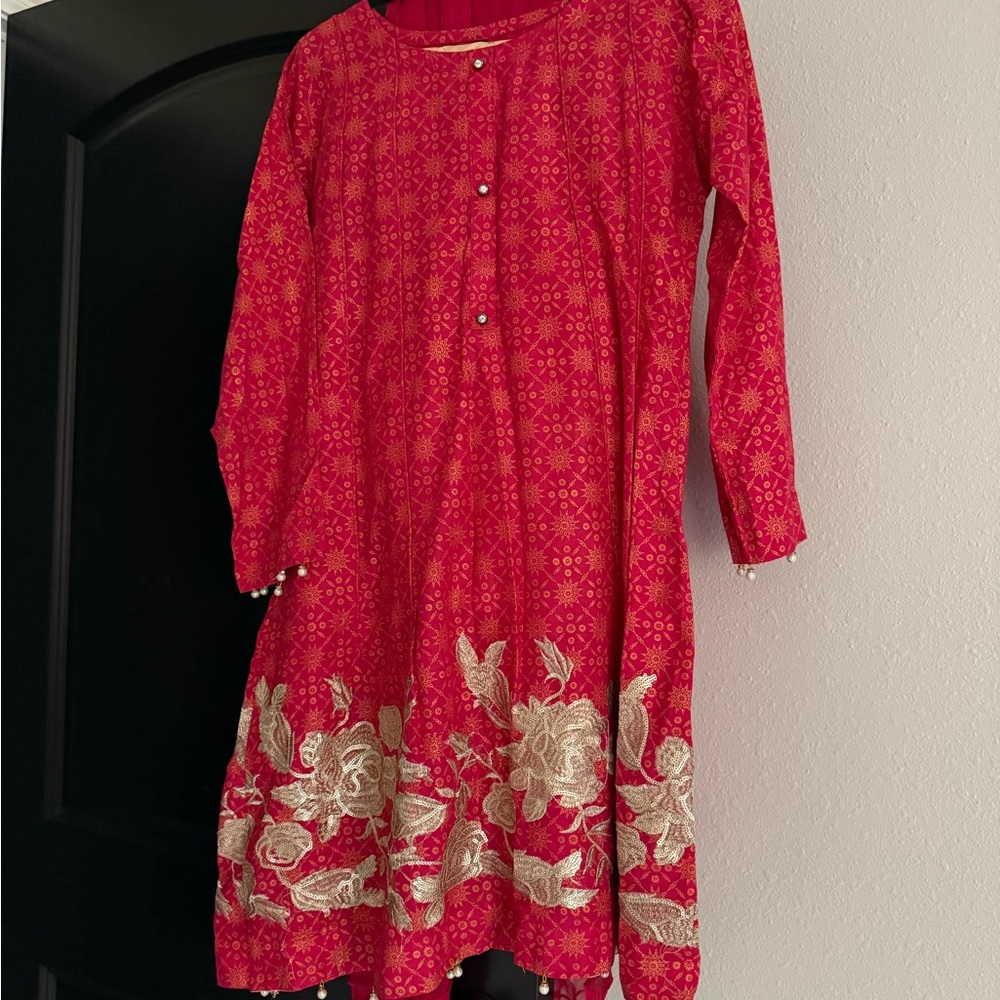 Elegant Red Floral Long Sleeve Dress / Indian Pakistani 3 pc shalwar kameez suit